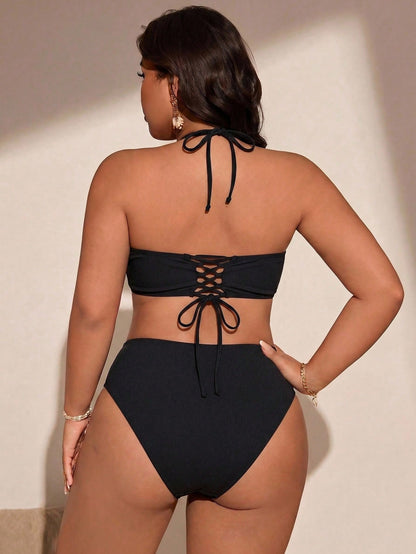Swim Vcay 2026 New Plus Size 2-Piece Minimalist Vacation Bandeau Swimsuit Set, Black, Back Criss-Cross Tie, Adjustable Bikini Bottoms Beach Summer