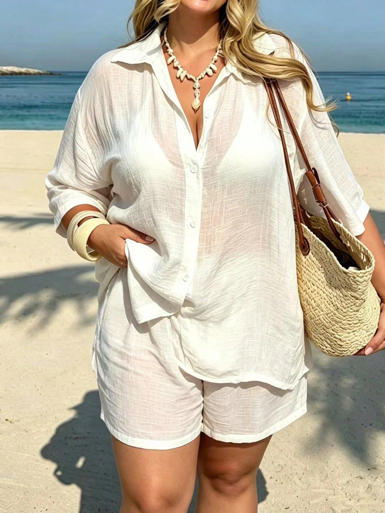 Swim Vcay 2026 New Plus Size Woven Cover Up And Shorts Set, Elegant Vacation Style Cover-Up Swimsuit