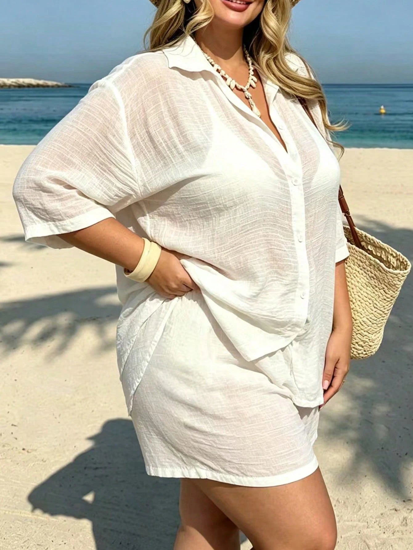 Swim Vcay 2026 New Plus Size Woven Cover Up And Shorts Set, Elegant Vacation Style Cover-Up Swimsuit