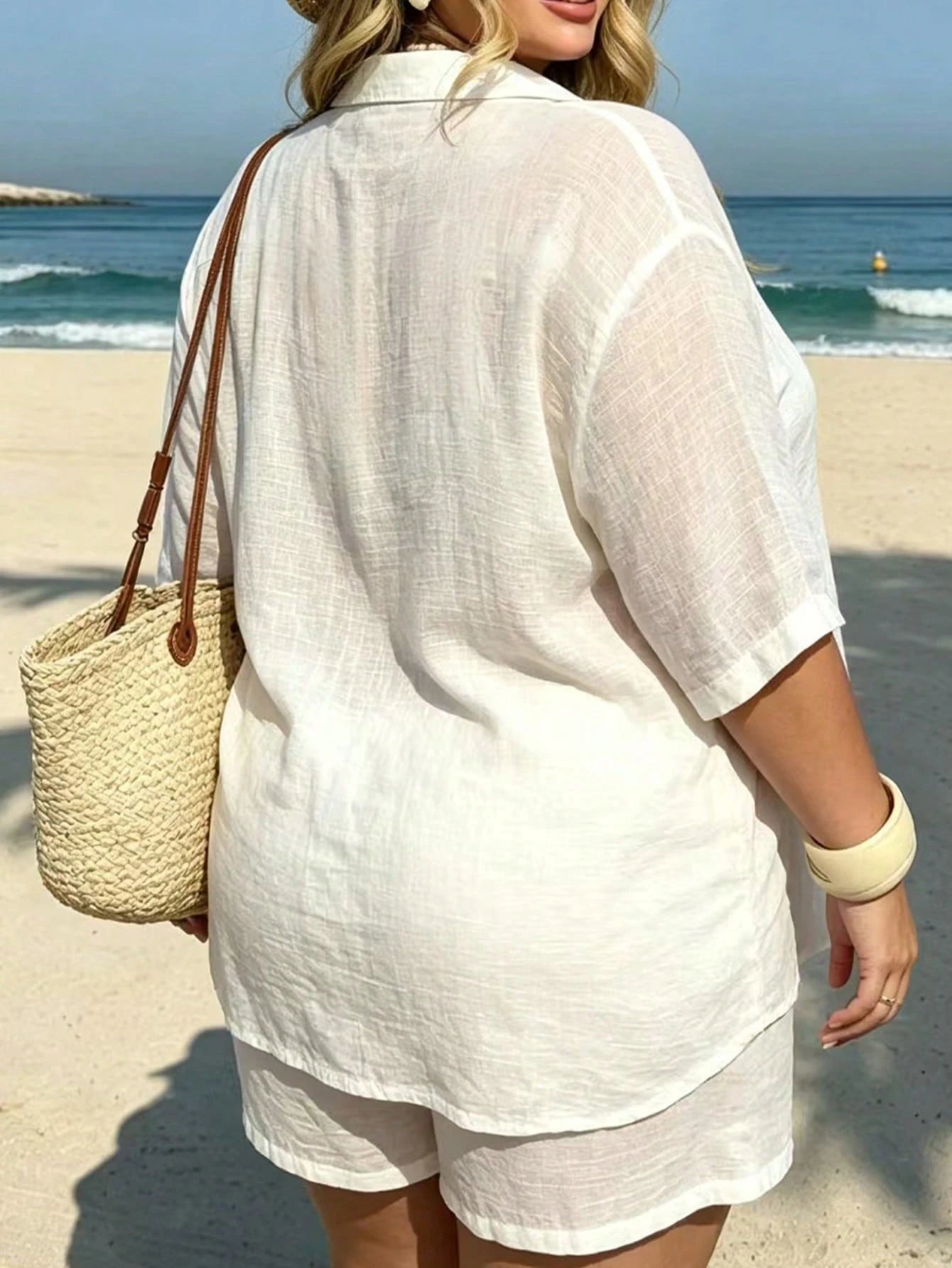 Swim Vcay 2026 New Plus Size Woven Cover Up And Shorts Set, Elegant Vacation Style Cover-Up Swimsuit