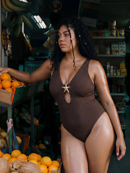 Swim Vcay 2026 New Summer Beach Vacation Women's One-Piece Swimsuit, Round Criss-Cross Cut Design, Decorated With Metal Starfish, Slimming, Suitable For Plus Size Beach Holiday