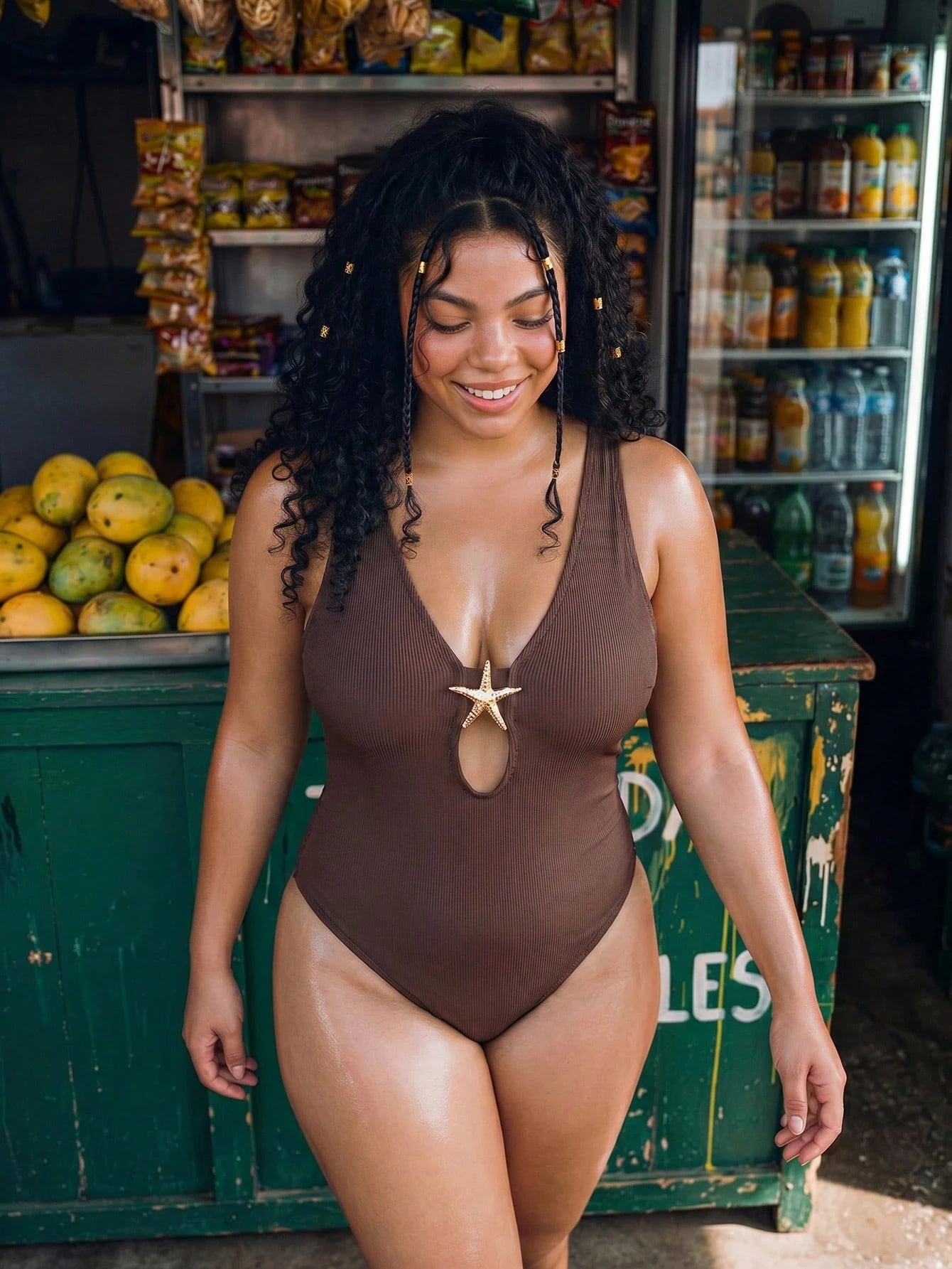Swim Vcay 2026 New Summer Beach Vacation Women's One-Piece Swimsuit, Round Criss-Cross Cut Design, Decorated With Metal Starfish, Slimming, Suitable For Plus Size Beach Holiday