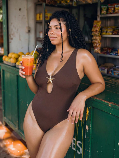 Swim Vcay 2026 New Summer Beach Vacation Women's One-Piece Swimsuit, Round Criss-Cross Cut Design, Decorated With Metal Starfish, Slimming, Suitable For Plus Size Beach Holiday