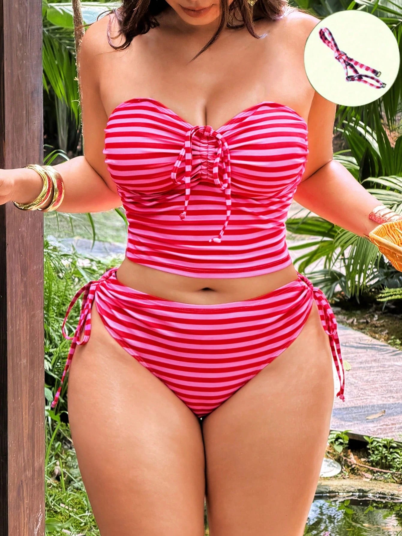 Swim Vcay 2026 New Women's Spring/Summer Spaghetti Strap Striped Print Beach Vacation Plus Size Swimsuit Set