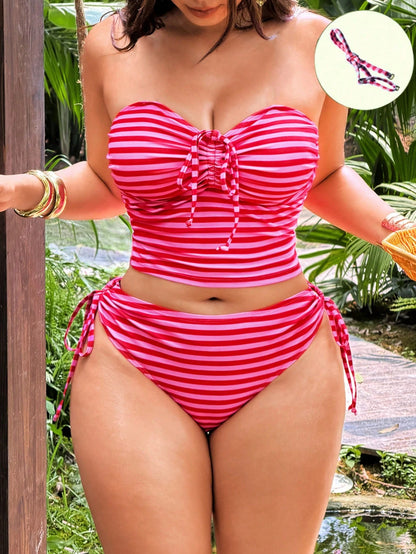 Swim Vcay 2026 New Women's Spring/Summer Spaghetti Strap Striped Print Beach Vacation Plus Size Swimsuit Set