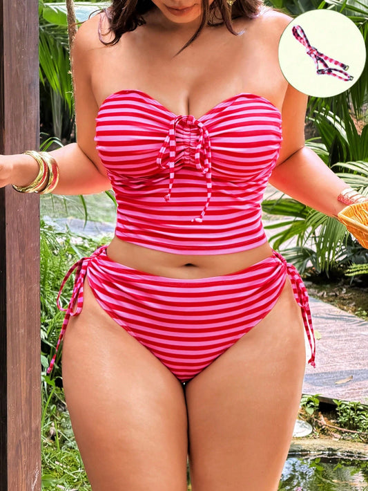 Swim Vcay 2026 New Women's Spring/Summer Spaghetti Strap Striped Print Beach Vacation Plus Size Swimsuit Set
