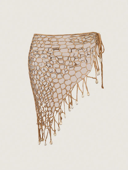 Swim Vcay Beach Style Hand-Crocheted Hollow Out Shell Pattern Cover Up Skirt Set For Summer Beach Vacation