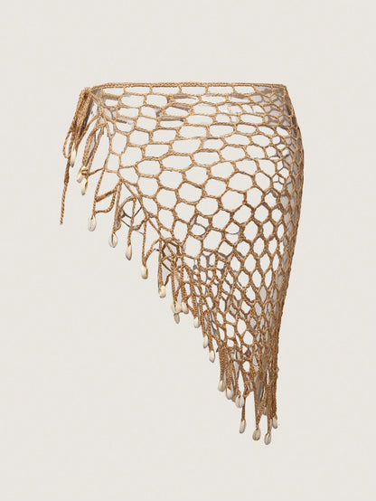 Swim Vcay Beach Style Hand-Crocheted Hollow Out Shell Pattern Cover Up Skirt Set For Summer Beach Vacation
