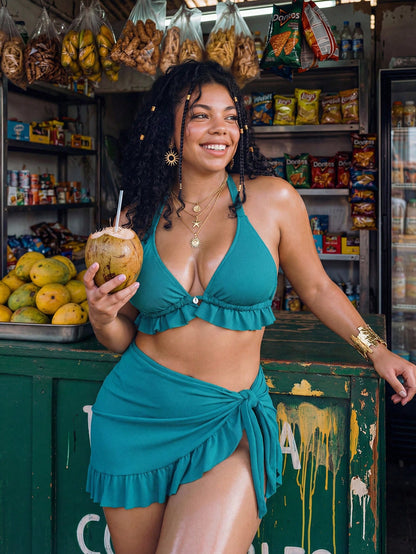 Swim Vcay Light Teal Summer Boho Beach Holiday Halter Bikini Top,Ruffle Trim Ruched Bralette Swimwear,Basic Triangle Cup Plus Size Tropical Vacation Style