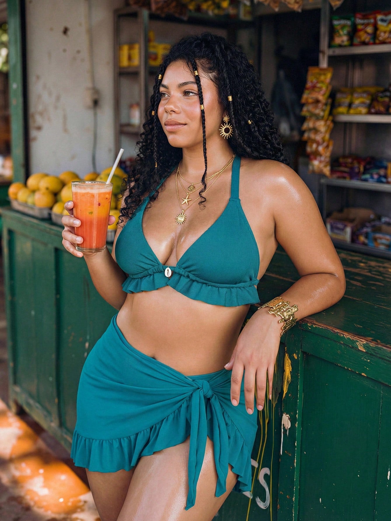 Swim Vcay Light Teal Summer Boho Beach Holiday Halter Bikini Top,Ruffle Trim Ruched Bralette Swimwear,Basic Triangle Cup Plus Size Tropical Vacation Style