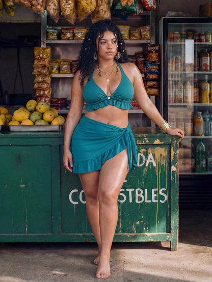 Swim Vcay Light Teal Summer Boho Beach Holiday Halter Bikini Top,Ruffle Trim Ruched Bralette Swimwear,Basic Triangle Cup Plus Size Tropical Vacation Style