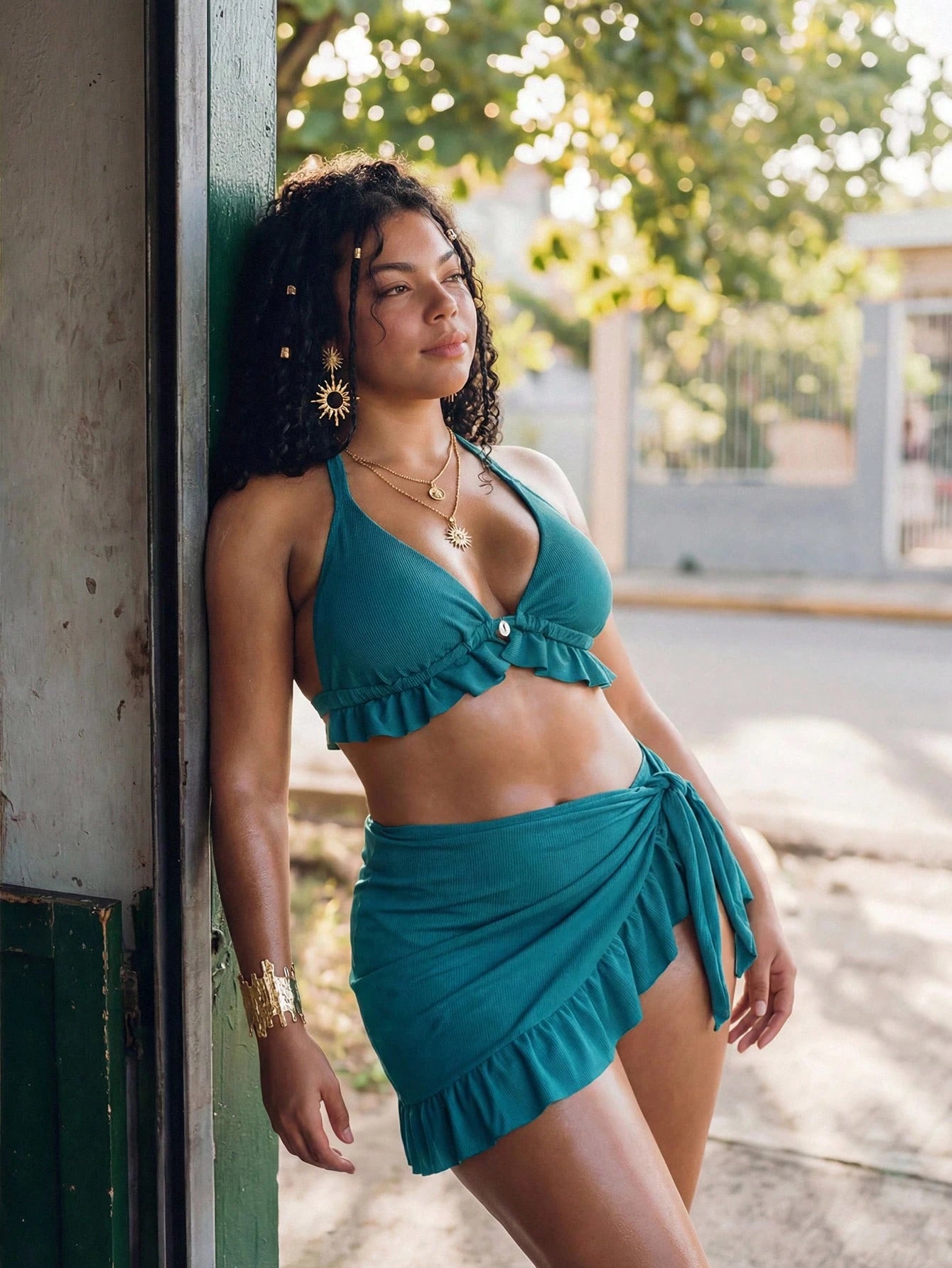 Swim Vcay Light Teal Summer Boho Beach Holiday Halter Bikini Top,Ruffle Trim Ruched Bralette Swimwear,Basic Triangle Cup Plus Size Tropical Vacation Style