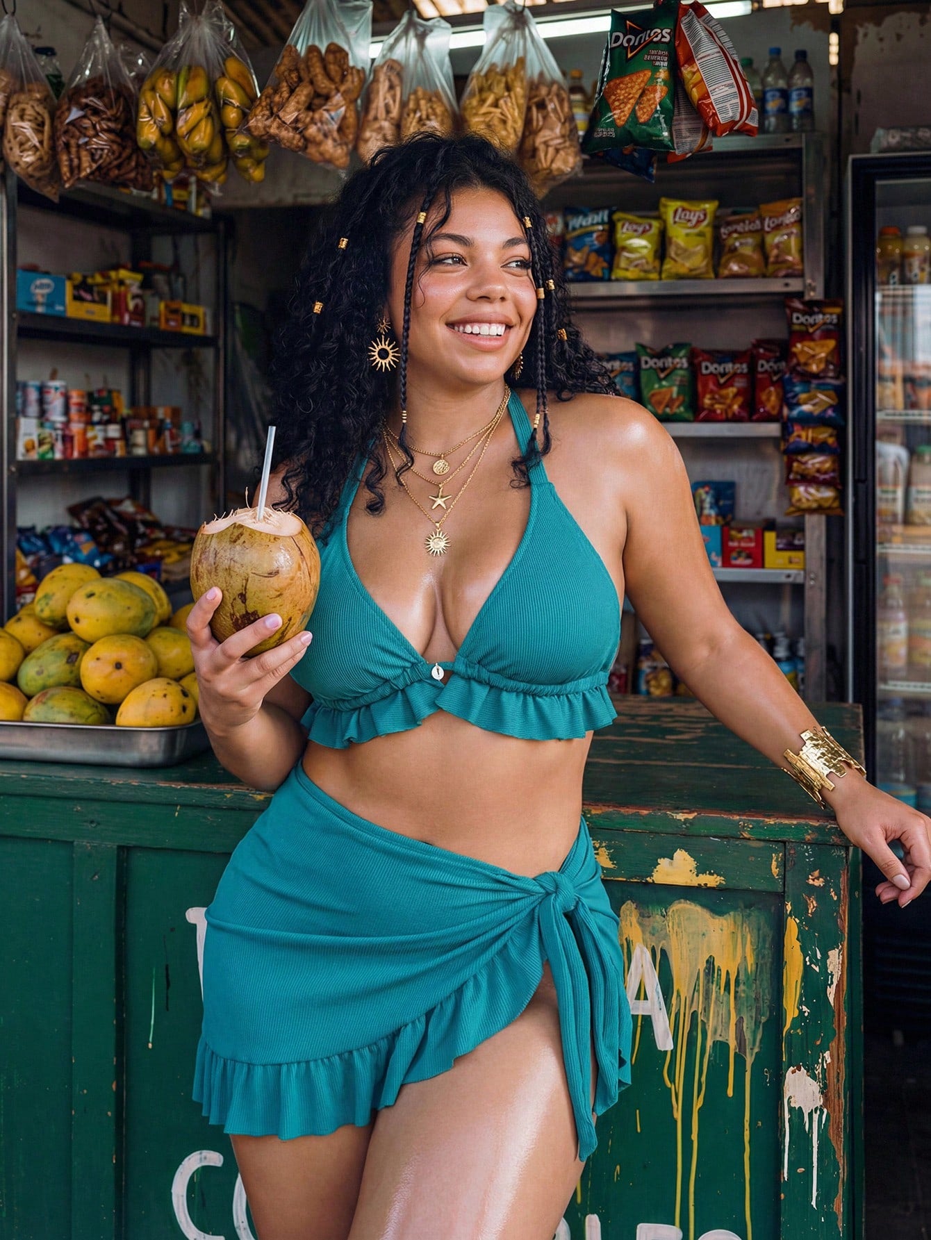 Swim Vcay Light Teal Summer Boho Beach Holiday Halter Bikini Top,Ruffle Trim Ruched Bralette Swimwear,Basic Triangle Cup Plus Size Tropical Vacation Style