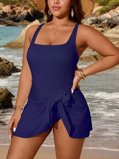 Swim Vcay Navy Blue Summer Square Neck Ribbed One-Piece Swimdress With Cover Up,Side Tie Slit Tummy Control Plus Size Beach Holiday Vacation Holiday Swimwear