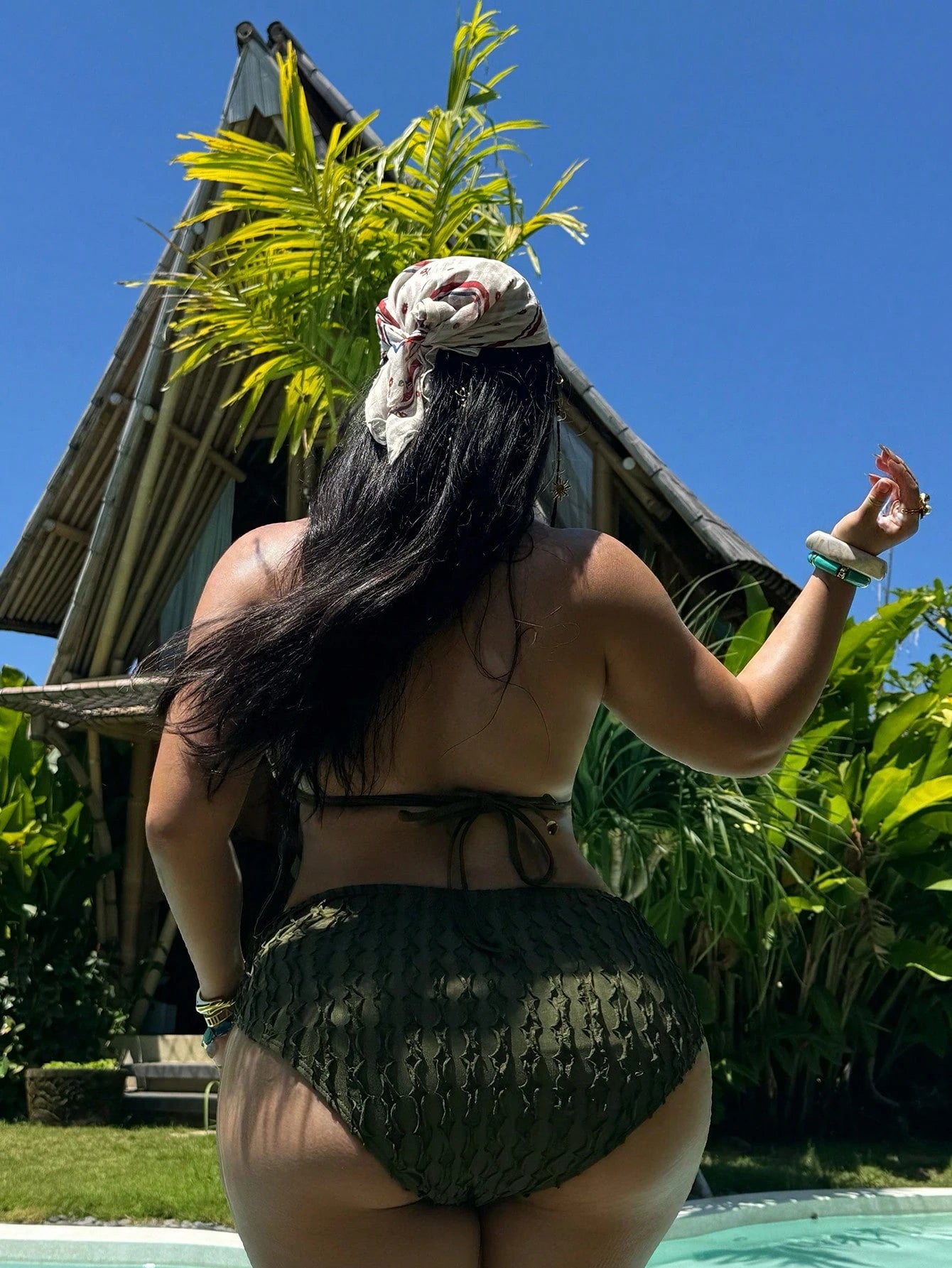 Swim Vcay Olive Green Plus Size Women Bikini,Summer Beach Vacation Holiday Knitted Jacquard Halter Neck Drawstring Backless Lace-Up High Waist Triangle Bottom