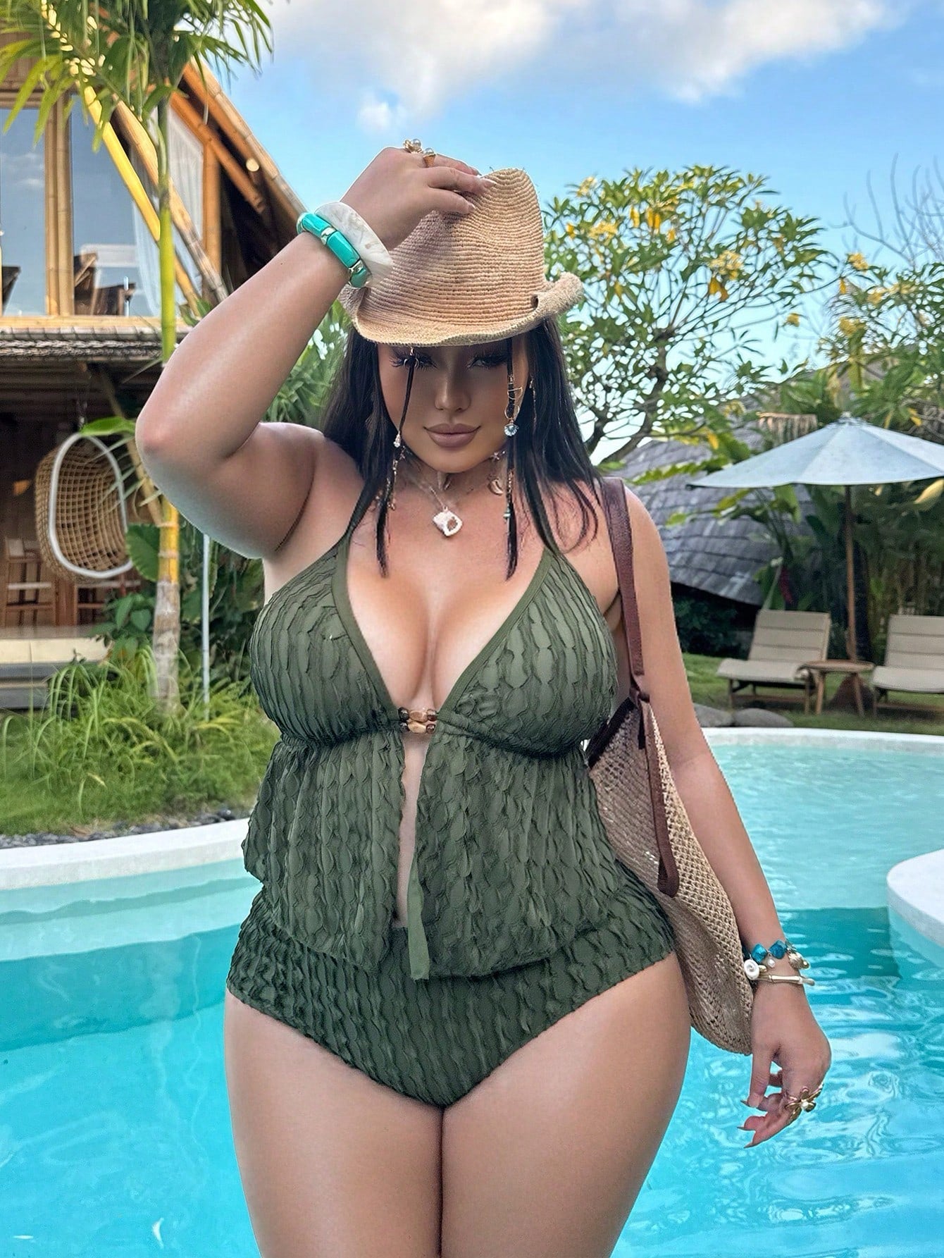 Swim Vcay Olive Green Plus Size Women Bikini,Summer Beach Vacation Holiday Knitted Jacquard Halter Neck Drawstring Backless Lace-Up High Waist Triangle Bottom