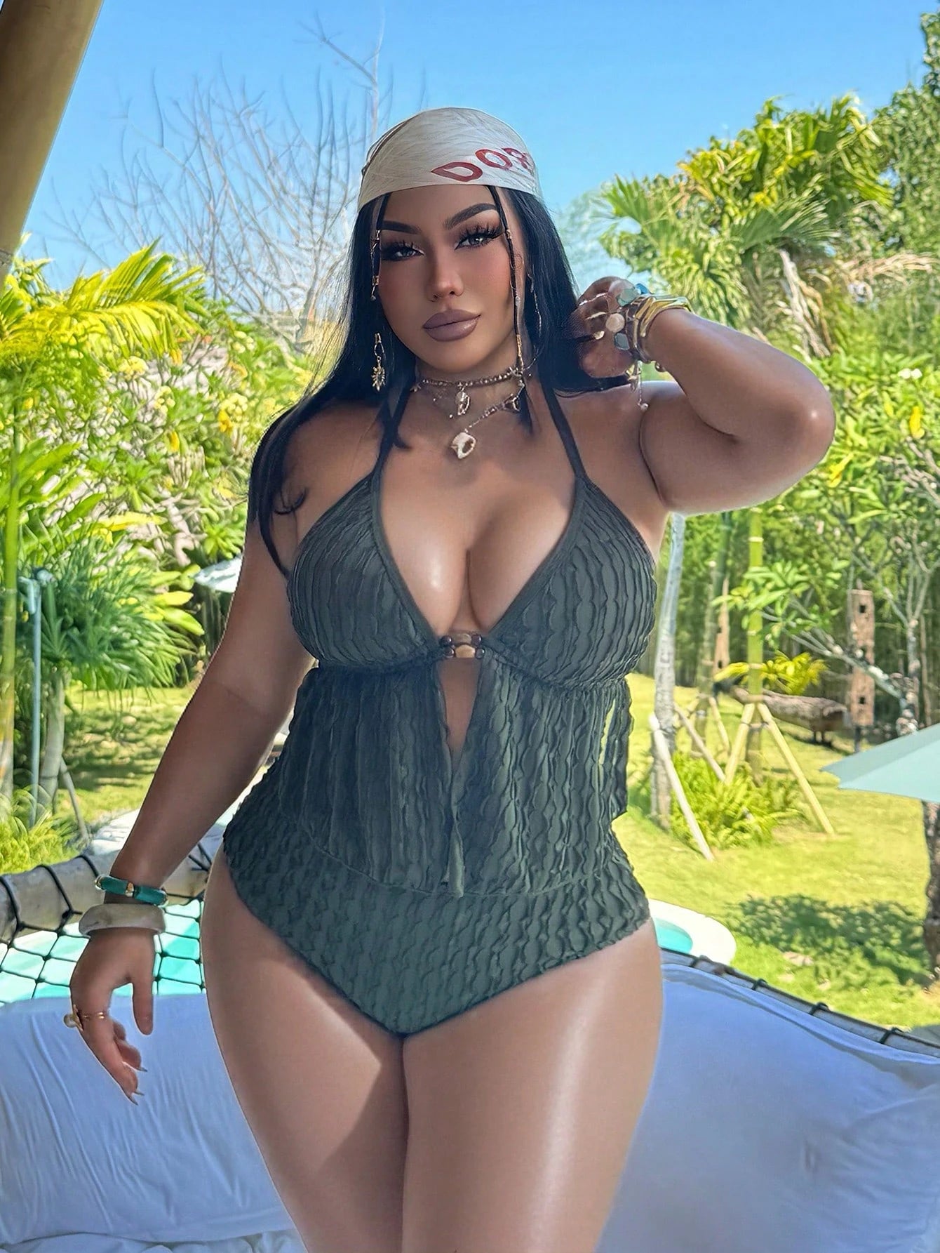 Swim Vcay Olive Green Plus Size Women Bikini,Summer Beach Vacation Holiday Knitted Jacquard Halter Neck Drawstring Backless Lace-Up High Waist Triangle Bottom