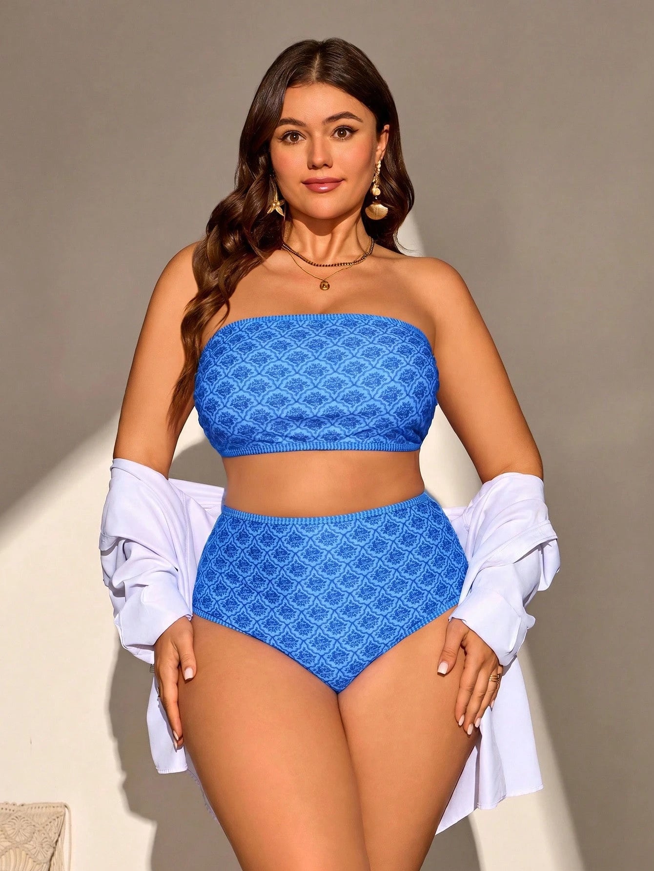 Swim Vcay Plus Size Allover Print Vacation Beach Swimwear Set