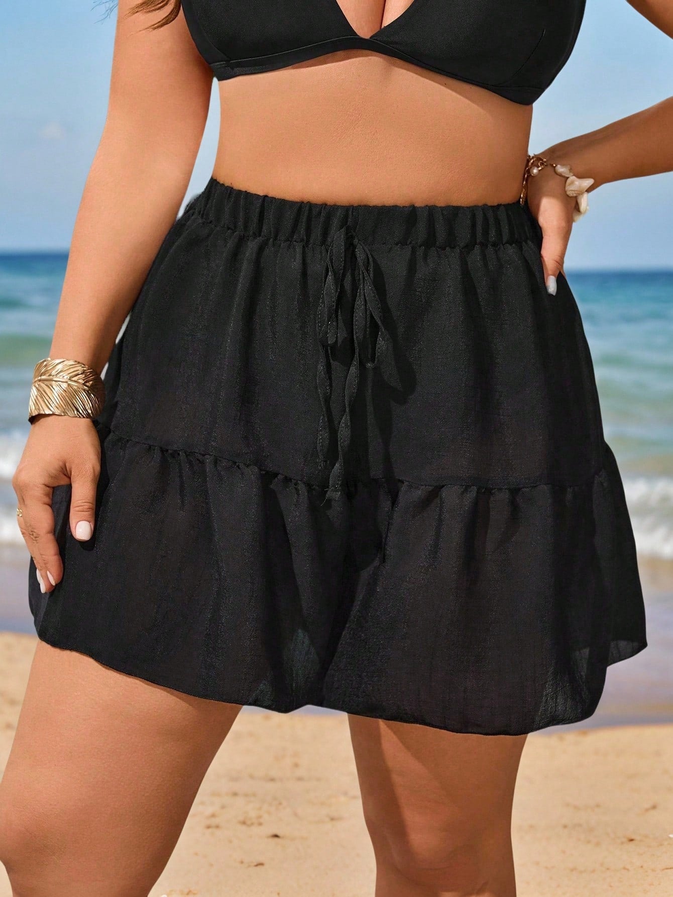 Swim Vcay Plus Size Cover-Up Tunic & Shorts Set With Tie, Loose Beach Dress For Coverage, Resort Vibe For Summer Beach Vacation