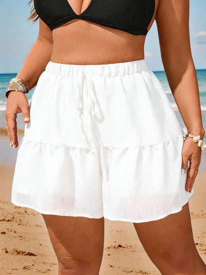 Swim Vcay Plus Size Cover-Up Tunic & Shorts Set With Tie, Loose Beach Dress For Coverage, Resort Vibe For Summer Beach Vacation