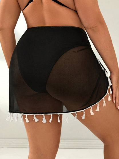Swim Vcay Plus Size Tassel Trim Drawstring Side Mesh Beach Skirt Summer