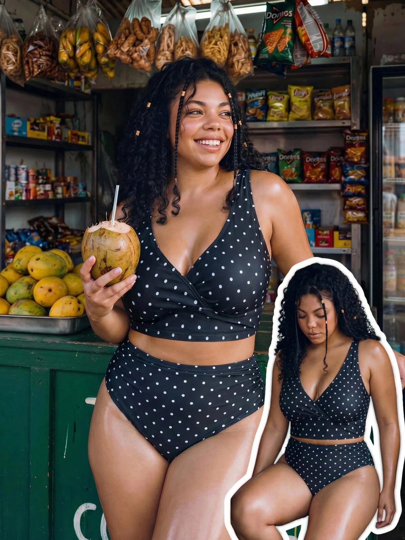 Swim Vcay Plus Size Women 2pcs/Set Random Polka Dot Print Halter Top & Casual Beach/Pool Outfit