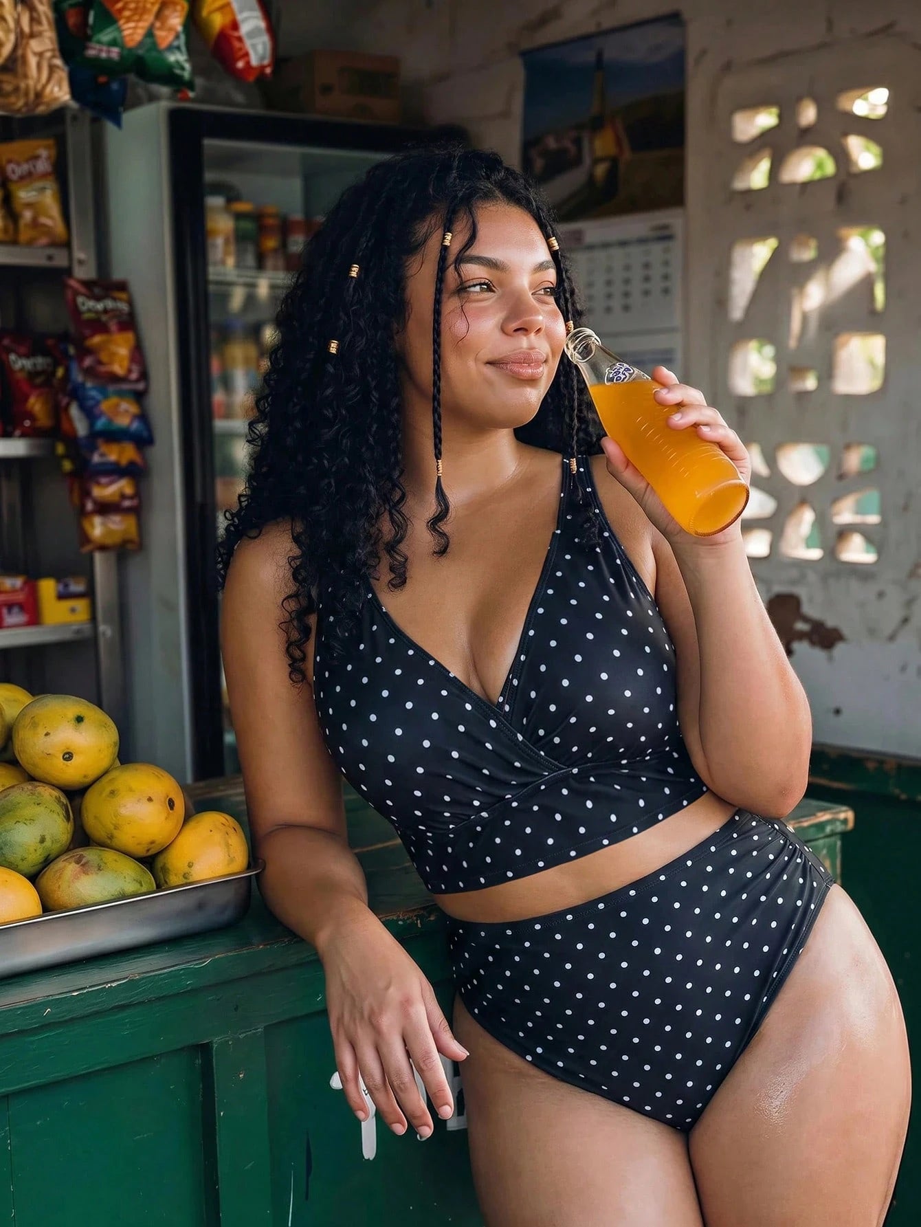 Swim Vcay Plus Size Women 2pcs/Set Random Polka Dot Print Halter Top & Casual Beach/Pool Outfit