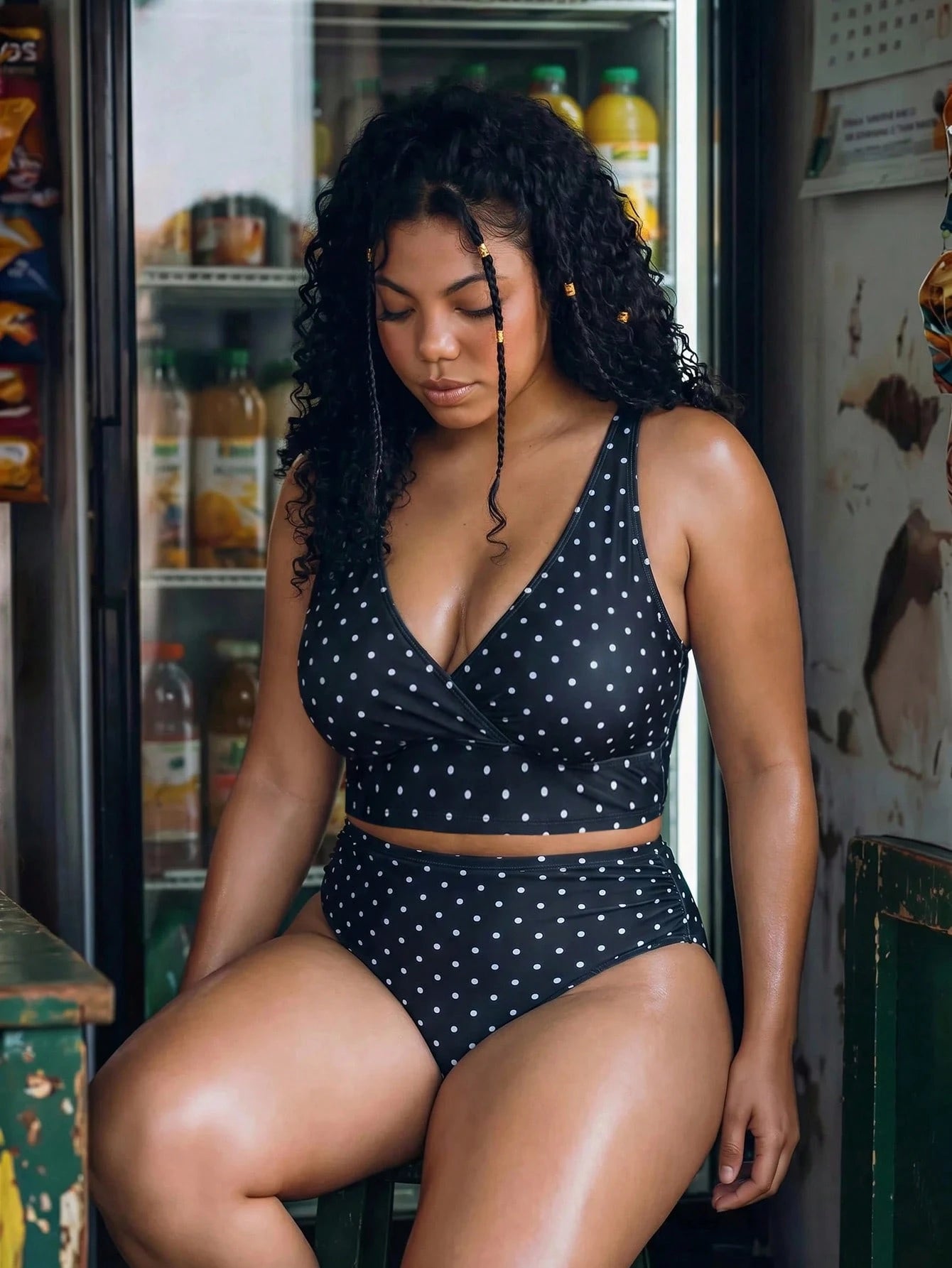 Swim Vcay Plus Size Women 2pcs/Set Random Polka Dot Print Halter Top & Casual Beach/Pool Outfit