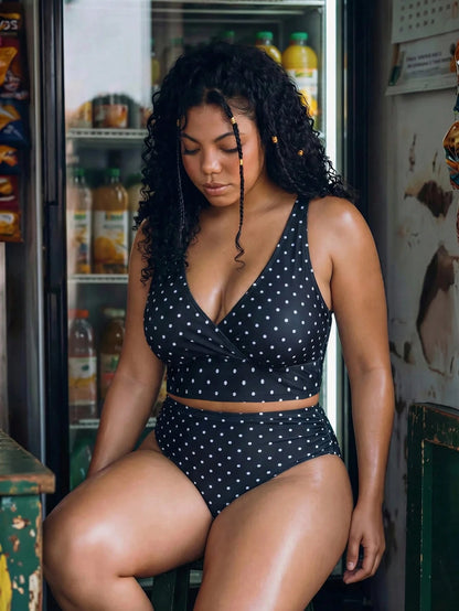 Swim Vcay Plus Size Women 2pcs/Set Random Polka Dot Print Halter Top & Casual Beach/Pool Outfit