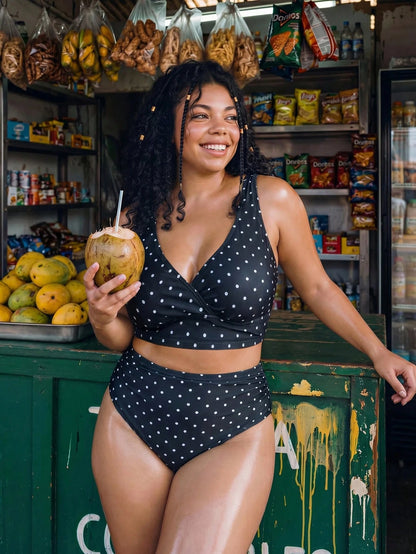 Swim Vcay Plus Size Women 2pcs/Set Random Polka Dot Print Halter Top & Casual Beach/Pool Outfit