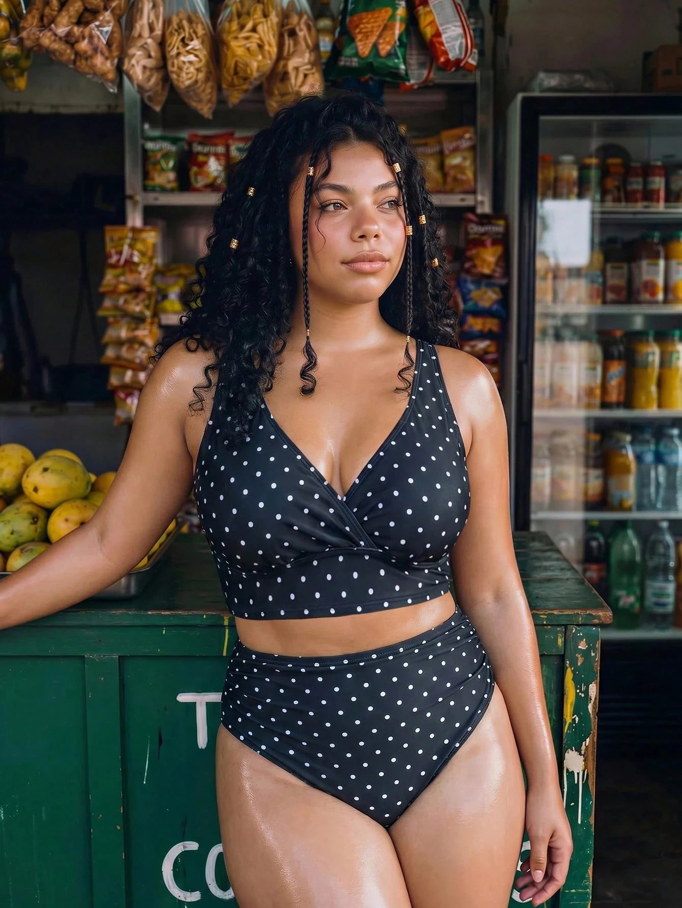 Swim Vcay Plus Size Women 2pcs/Set Random Polka Dot Print Halter Top & Casual Beach/Pool Outfit