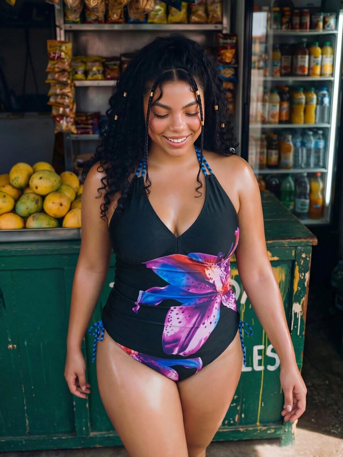 Swim Vcay Plus Size Women Floral Print Halter Tankini Swimwear Set
