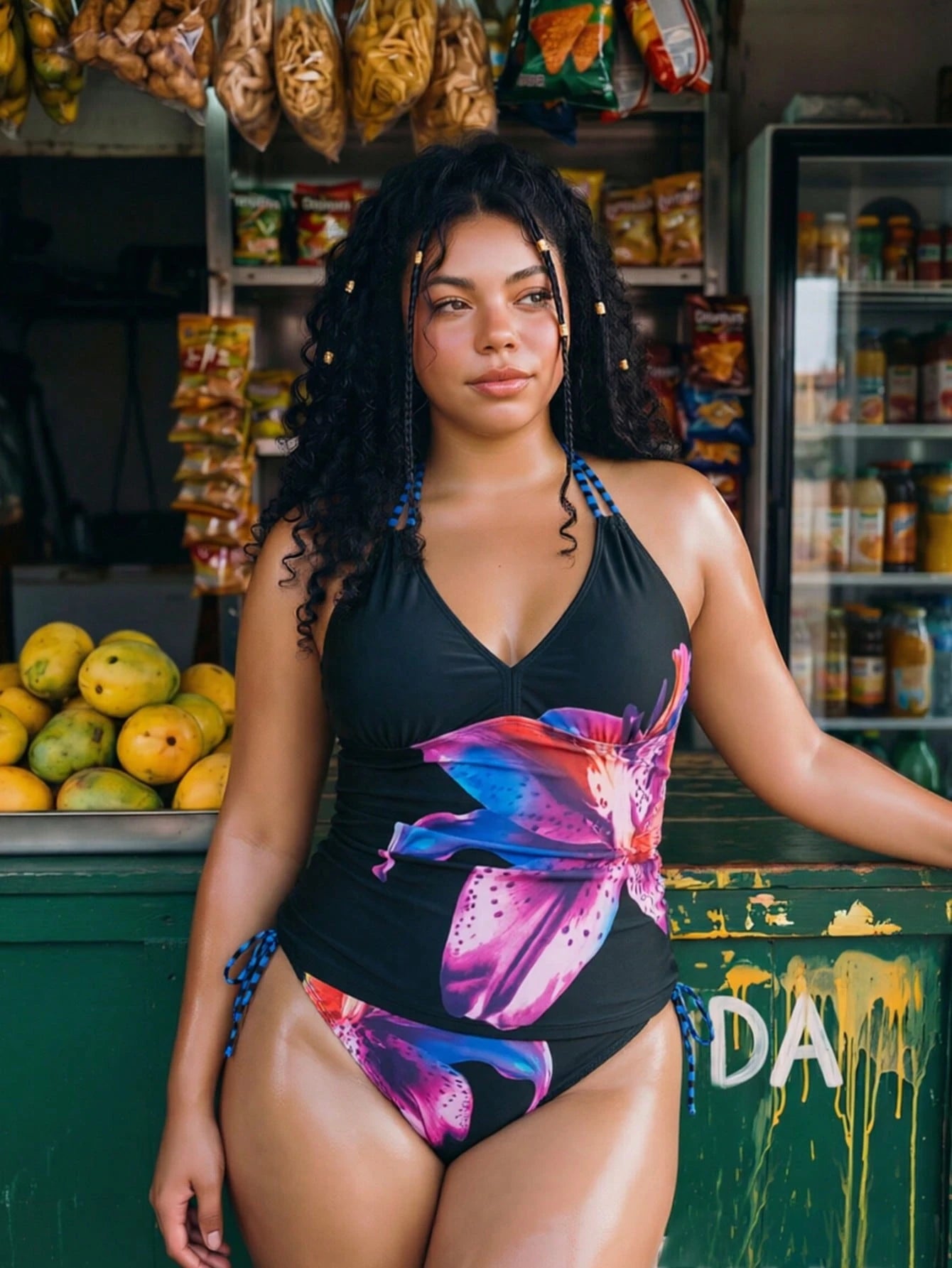 Swim Vcay Plus Size Women Floral Print Halter Tankini Swimwear Set