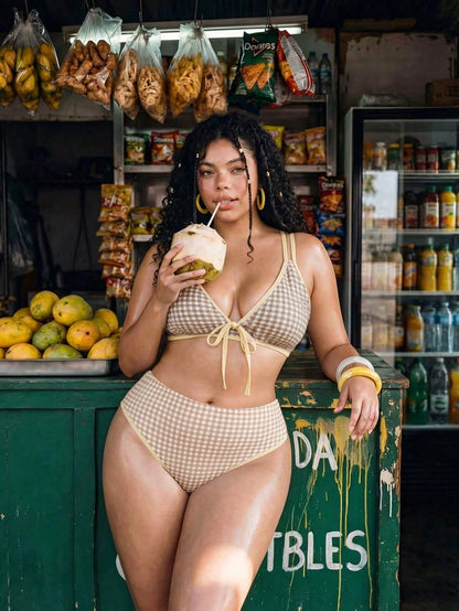 Swim Vcay Plus Size Women's 2-Piece Geometric Print Bikini Set,White Summer Modest Beach Holiday Vacation Bow High Waist High Leg Opening Swimwear