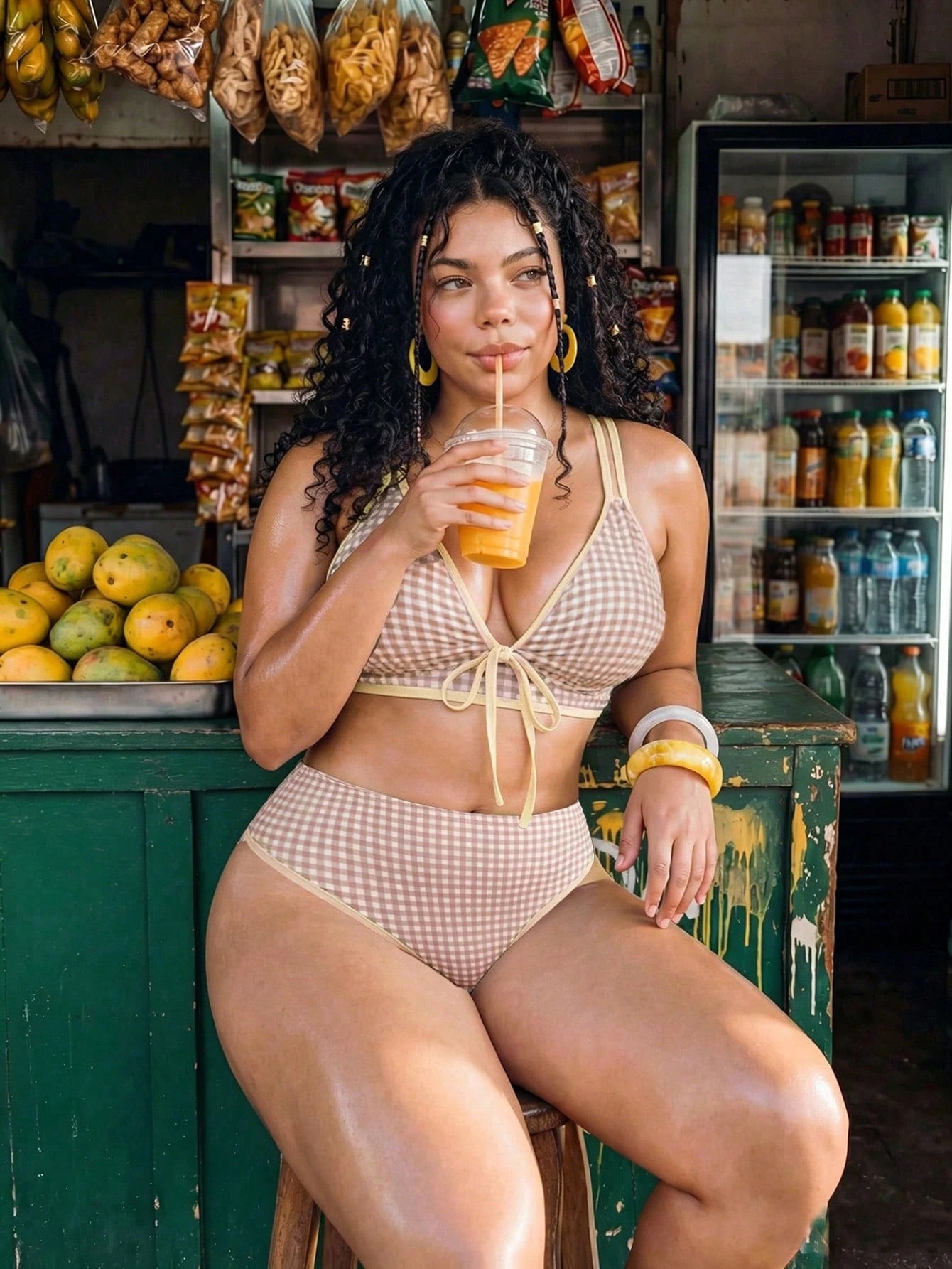 Swim Vcay Plus Size Women's 2-Piece Geometric Print Bikini Set,White Summer Modest Beach Holiday Vacation Bow High Waist High Leg Opening Swimwear