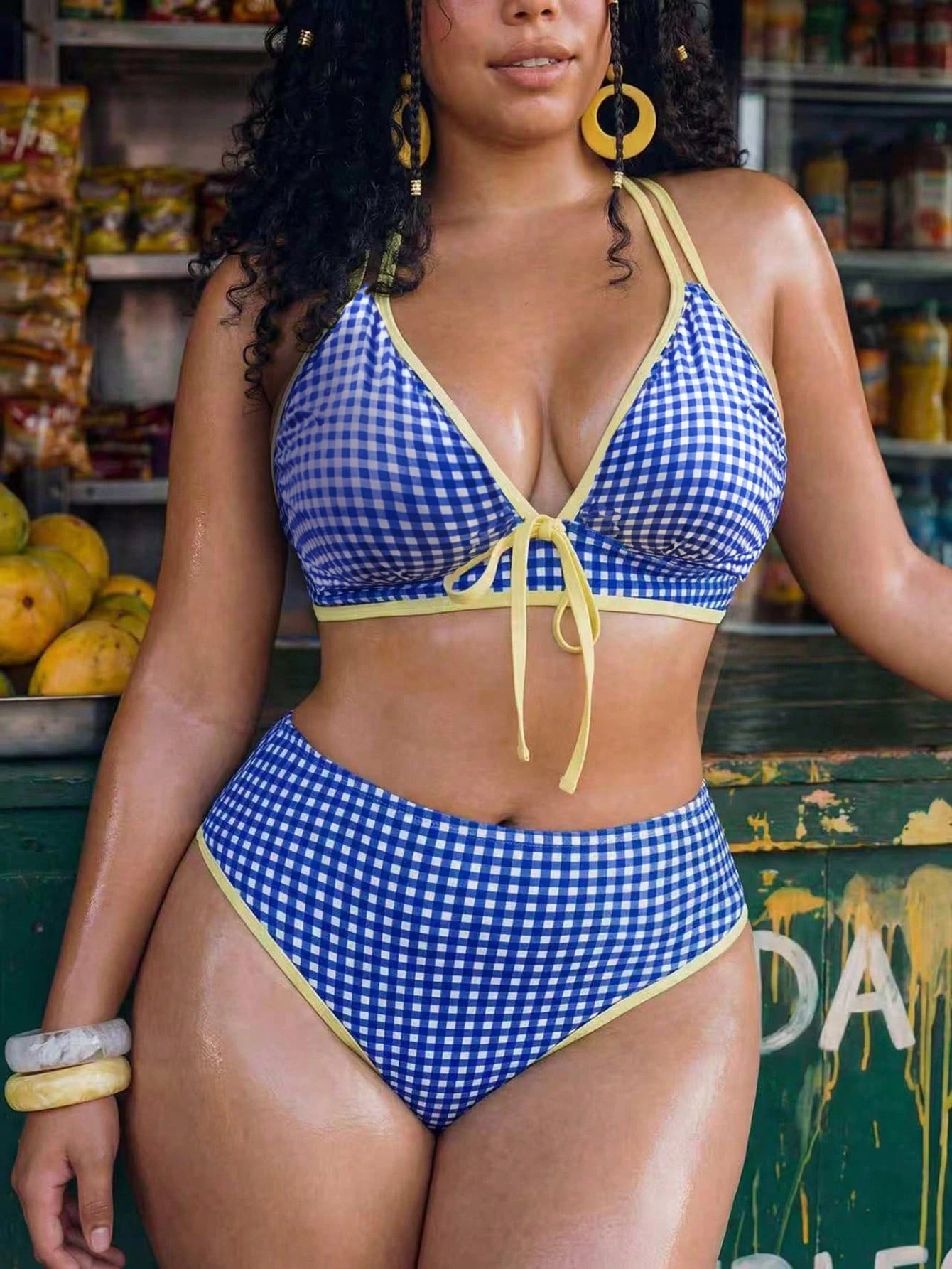 Swim Vcay Plus Size Women's 2-Piece Geometric Print Bikini Set,White Summer Modest Beach Holiday Vacation Bow High Waist High Leg Opening Swimwear
