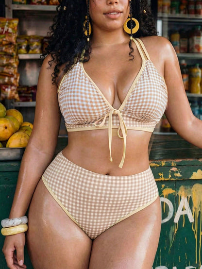 Swim Vcay Plus Size Women's 2-Piece Geometric Print Bikini Set,White Summer Modest Beach Holiday Vacation Bow High Waist High Leg Opening Swimwear