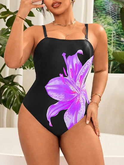 Swim Vcay Plus Size Women's Black Classy Lily Flower Print Detachable Strap One-Piece Swimsuit,Strapless Bikini Bathing Suit For Summer Beach Holiday Occasion