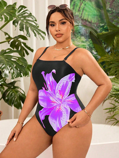 Swim Vcay Plus Size Women's Black Classy Lily Flower Print Detachable Strap One-Piece Swimsuit,Strapless Bikini Bathing Suit For Summer Beach Holiday Occasion