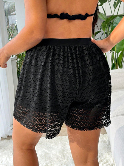 Swim Vcay Plus Size Women's Black High Elastic Special Fabric Casual Leisure Loose 2 In 1 Beach Pants For Summer Beach Vacation