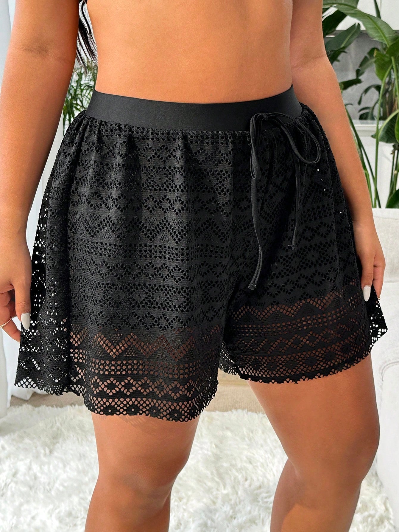 Swim Vcay Plus Size Women's Black High Elastic Special Fabric Casual Leisure Loose 2 In 1 Beach Pants For Summer Beach Vacation