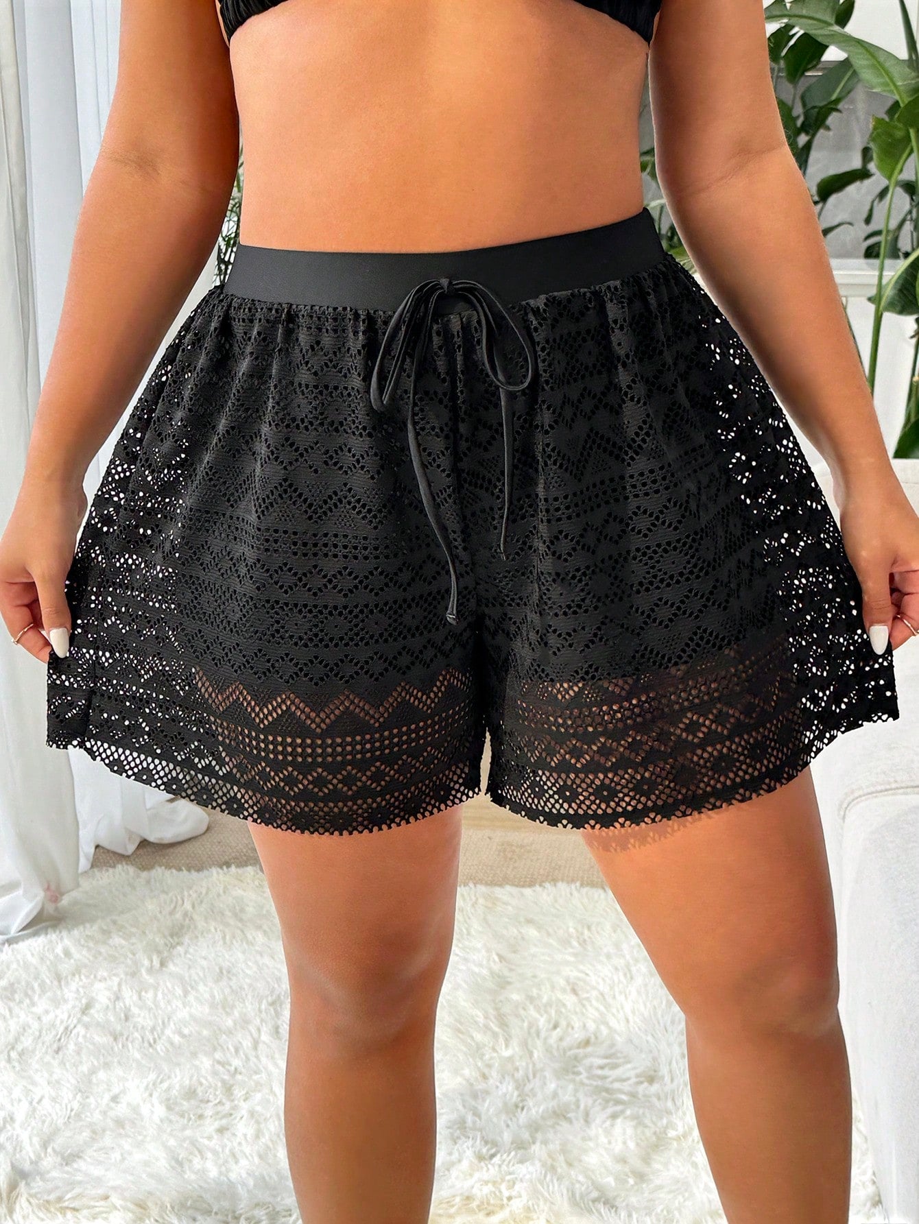Swim Vcay Plus Size Women's Black High Elastic Special Fabric Casual Leisure Loose 2 In 1 Beach Pants For Summer Beach Vacation