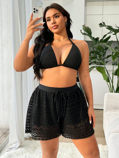 Swim Vcay Plus Size Women's Black High Elastic Special Fabric Casual Leisure Loose 2 In 1 Beach Pants For Summer Beach Vacation