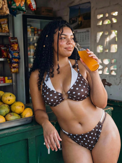 Swim Vcay Plus Size Women's Polka Dot Print Metal Buckle Ruched 2 In 1 Halter Neck Tie Sexy Bikini Set