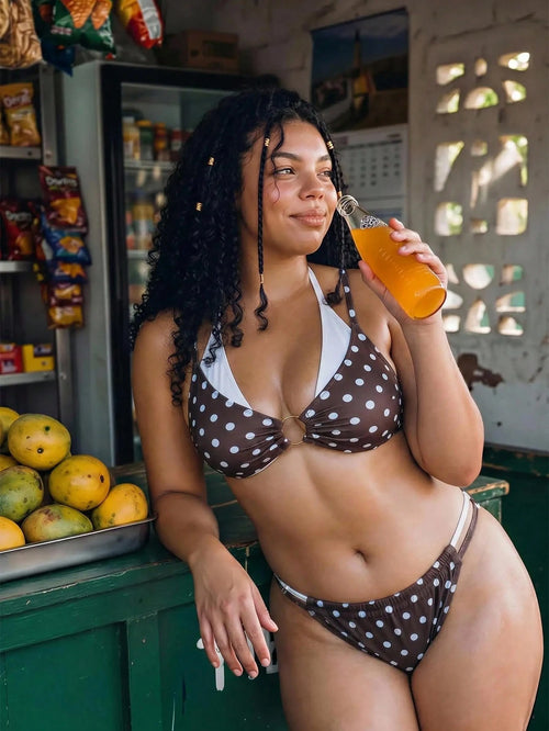 Swim Vcay Plus Size Women's Polka Dot Print Metal Buckle Ruched 2 In 1 Halter Neck Tie Sexy Bikini Set