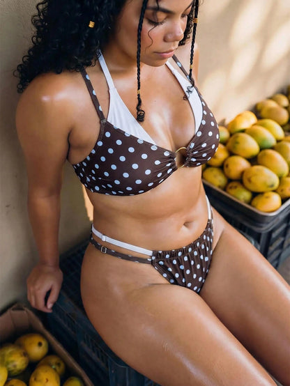 Swim Vcay Plus Size Women's Polka Dot Print Metal Buckle Ruched 2 In 1 Halter Neck Tie Sexy Bikini Set