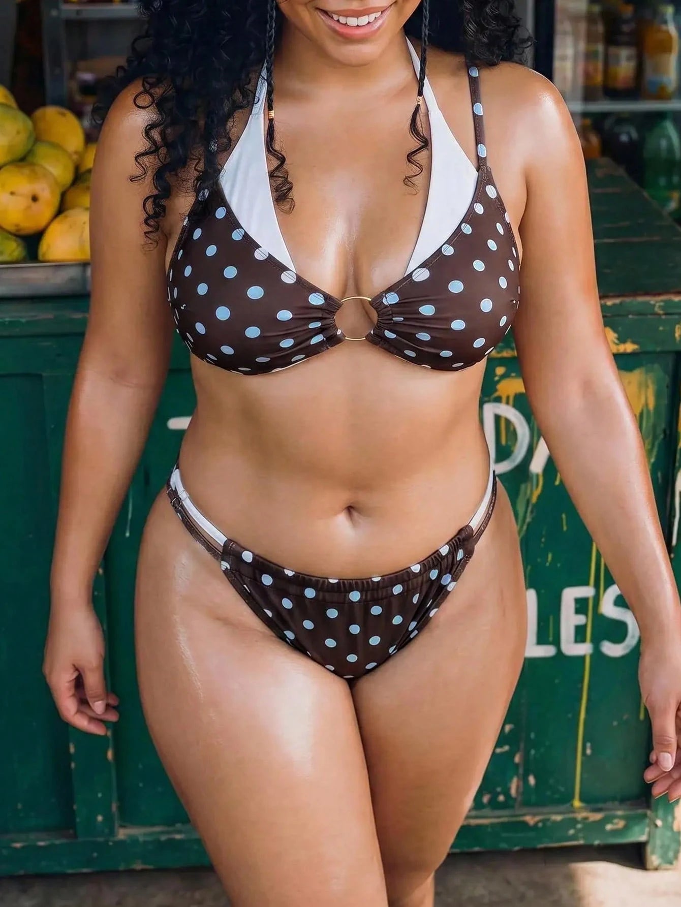 Swim Vcay Plus Size Women's Polka Dot Print Metal Buckle Ruched 2 In 1 Halter Neck Tie Sexy Bikini Set