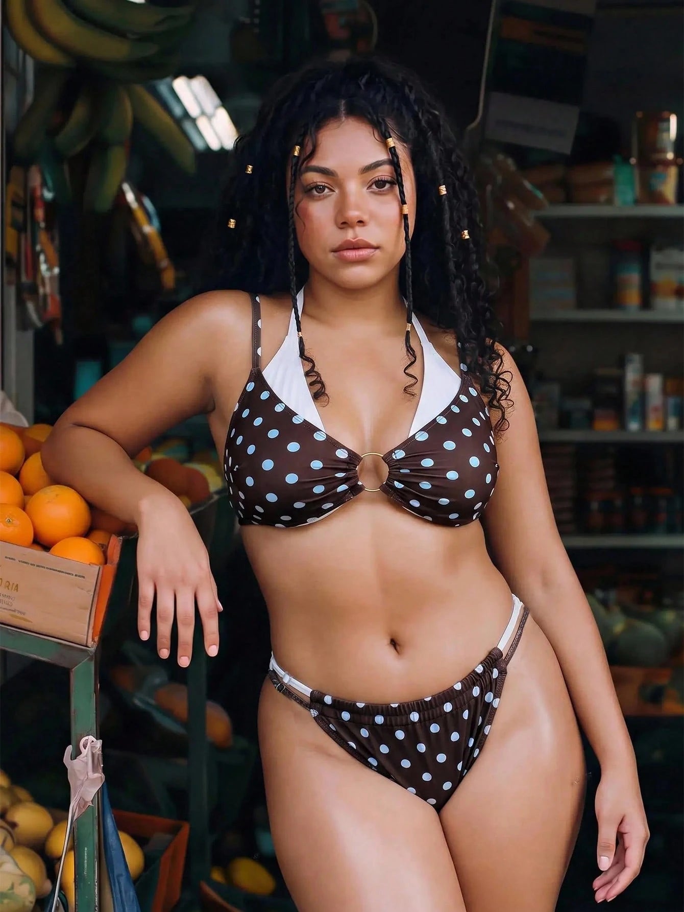 Swim Vcay Plus Size Women's Polka Dot Print Metal Buckle Ruched 2 In 1 Halter Neck Tie Sexy Bikini Set