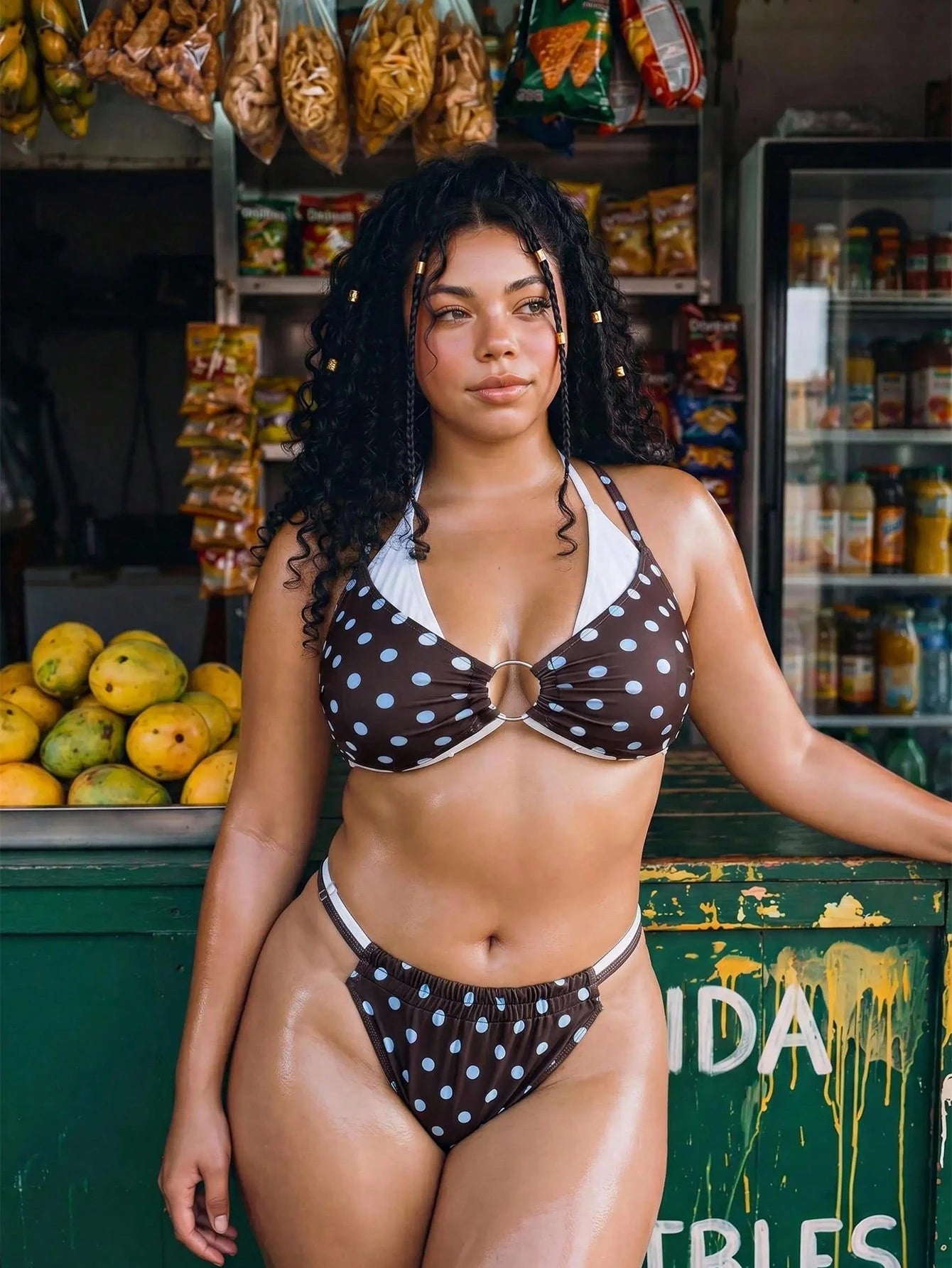 Swim Vcay Plus Size Women's Polka Dot Print Metal Buckle Ruched 2 In 1 Halter Neck Tie Sexy Bikini Set
