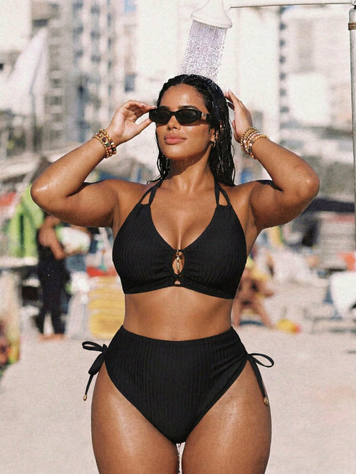 Swim Vcay Plus Size Women's Ribbed Ruched Halter Bikini Set, Suitable For Summer Beach, Resort, Swimming Pool